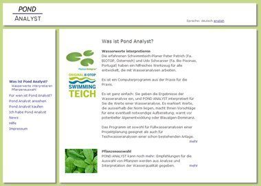 Homepage Pond Analyst 2.0. Screenshot: Bio Piscinas
